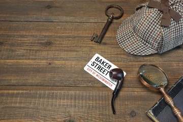 Sherlock Holmes Concept. Private Detective Tools On The Wood Tab