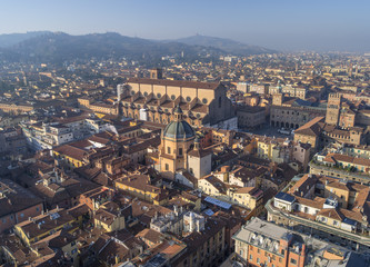 Naklejka premium View to church with cathedral and main square in Bologna in Italy
