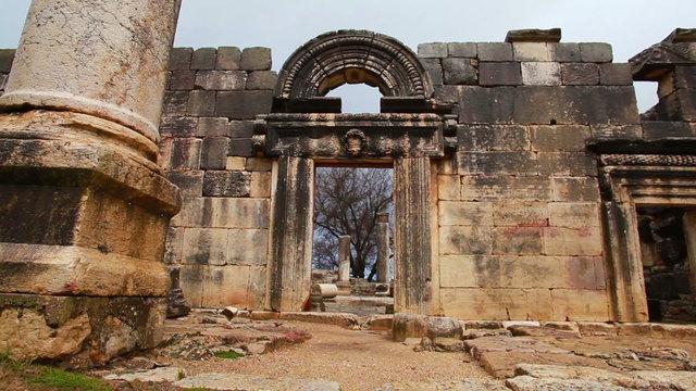 Stock Footage of an ancient synagogue's remaining facade at Bar'am in Israel.