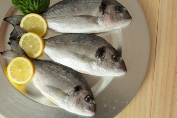 raw fish silver tray on wooden background pine

