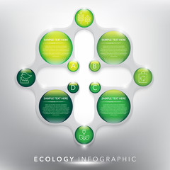Abstract infographic with circle elements. Glossy and transparent on the white panel. Use for ecology, environment concept. 4 parts concept. Vector illustration. Eps10.