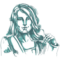 Monochrome vector hand-drawn art image, young woman holds eyegla