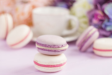 Pastel colored macaroons with floral background