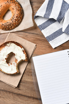 Bagel, towel and note pad
