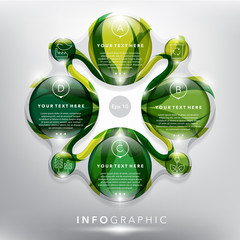 Abstract infographic with circle elements. Glossy and transparent on white panel. Use for ecology, environment concept. 4 parts concept. Vector illustration. Eps10.