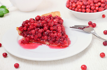 Piece of cowberry pie on white plate