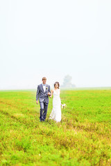 young wedding couple, beautiful bride with groom portrait, summer nature outdoor