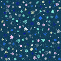 Pattern of colored patterned snowflakes on a blue background