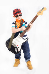 Rocker boy with electric guitar, isolated on white background 