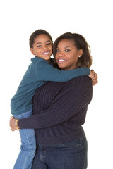 A mother and her son isolated on white