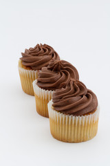 Three chocolate cupcakes in a row on an isolated white background.