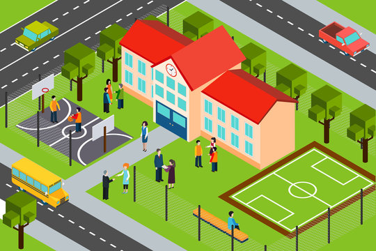 School building area isometric composition poster