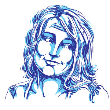 Monochrome vector hand-drawn image, blameworthy young woman. Bla