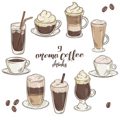 vector printable illustration with set of isolated cup of coffee drinks. Contains coffee, latte, mocha, cappuccino and others - 100212023