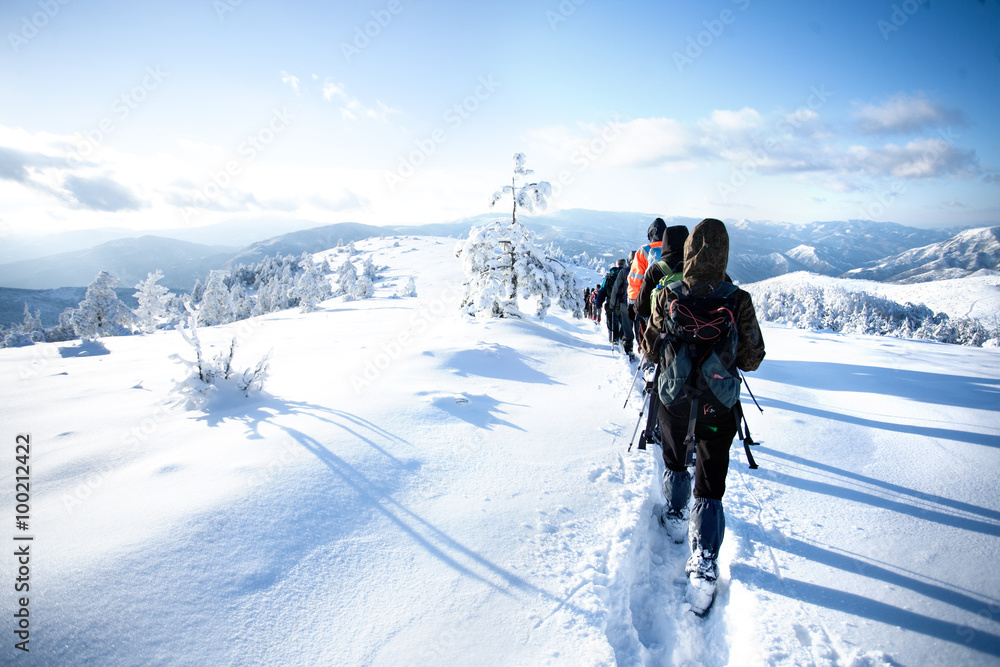 Wall mural group of winter hikers