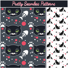 Graphic Resources Pretty Patterns of Cats Paws,Cat Heads,Fishbones,Dots,Hearts, isolated on transparent,color for presentation only.