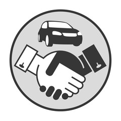 monochrome illustration of handshake and car on a stand