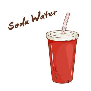 vector illustration of an isolated cartoon hand drawn fast food. Soda water in closed paper cup with a straw.