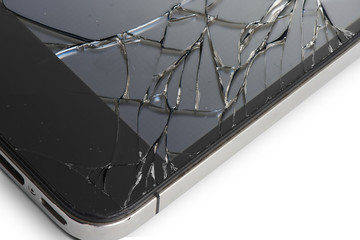 Macro photo of an cell phone with broken display screen isolated