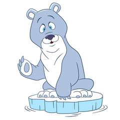 cute and happy cartoon polar bear sitting on an ice floe and waving his paw