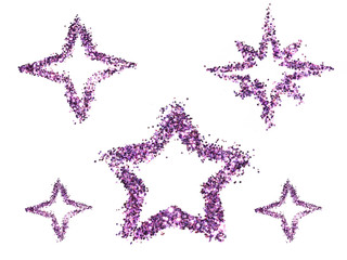 Set of abstract stars of purple glitter on white background for your design