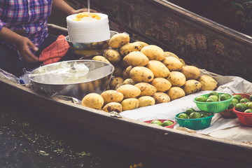Thai food. Spicy food at Damnoen Saduak Floating Market near Ban