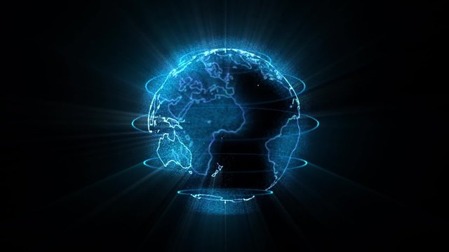 Global technology background. Earth building from blue particles and spinning. Full HD seamless looping background for broadcast.