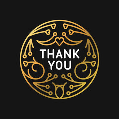 Golden Decorative Floral Frame with Text - Thank you - on Black Background. Happy Valentines Day Celebration. Vector Design Element for Greeting Card