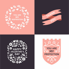 Naklejka premium Set of Decorative Floral Circle Frames. Happy Valentines Day Celebration. Vector Design Element for Greeting Card. Pink and Black Colors