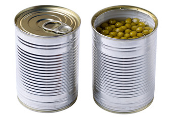 Opened tin with green peas isolated