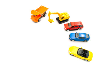 Obraz premium truck, yellow backhoe and cars