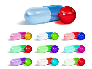 Set of oblong and round multicolored capsules with shadows on white background