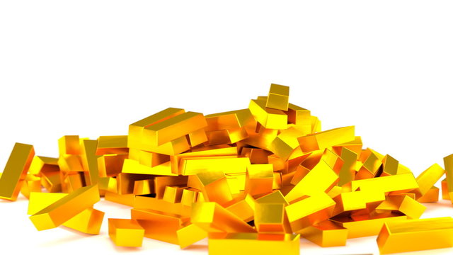 This is animation of realistic bars of gold falling and bouncing against white background 2b.