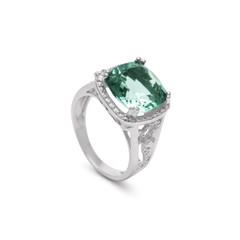 Cushion Cut Green Amethyst Gemstone Ring in Silver