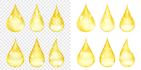 Set of transparent and opaque drops in yellow colors. Transparency only in vector format. Can be used with any background