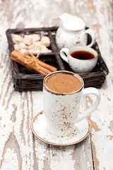 cup coffee espresso, sugar and cinnamon