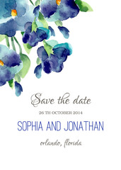 Wedding invitation watercolor with violet flowers. - 100221274