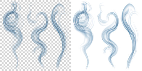 Set of translucent light blue smoke on transparent and white background. Transparency only in vector format