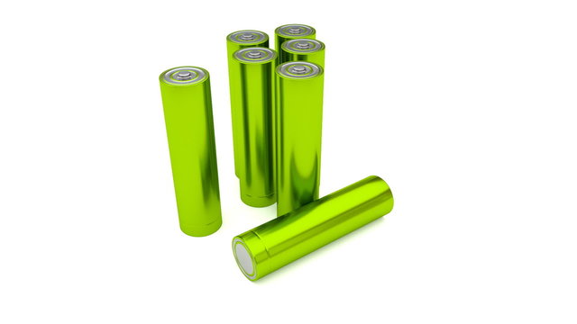 Animated plain, yellow-green (Stripped from label - from text, logo, brand name and other information) AA batteries on white background. Full 360 Degree rotation (tracking) and loop.