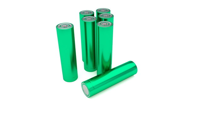 Animated plain, blue-green (Stripped from label - from text, logo, brand name and other information) AA batteries on white background. Full 360 Degree rotation (tracking) and loop.