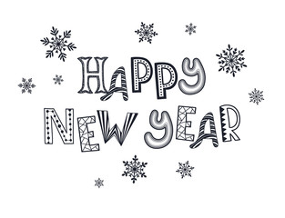 Happy Ney Year postcard template. Winter holiday lettering with snowflakes isolated on white  background. Christmas card concept.