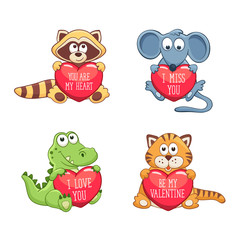 Cartoon animals with hearts. Valentine's day greeting card. I love you. I miss you. Be my Valentine. You are my Heart.
