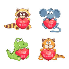 Obraz premium Cartoon animals with hearts. Valentine's day greeting card. I love you. I miss you. Be my Valentine. You are my Heart.