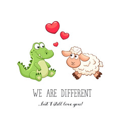 Cartoon animals with hearts. Valentine's day. Funny greeting card. We are different but i still love you. Crocodile and sheep in love.