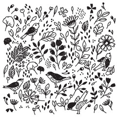 Vector seamless pattern with flower and birds. Can be used for desktop wallpaper or frame for a wall hanging or poster,for pattern fills, surface textures, web page backgrounds, textile and more.