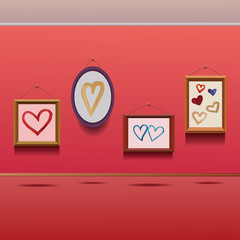 illustration of four canvases with frames with hand drawn watercolor hearts on them