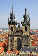 Obraz premium PRAGUE, CZECH REPUBLIC - APRIL 24, 2013: Church of Our Lady before Tyn, Prague, Czech Republic. View from Old Town Hall Tower