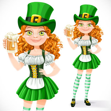 Beautiful girl leprechaun offers a beer  isolated on a white bac