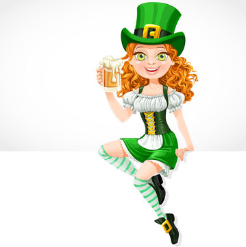 girl leprechaun sitting on the banner white and offers a beer