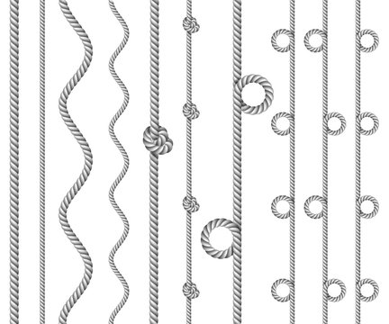 White twisted rope border set, isolated on white, vector illustration 